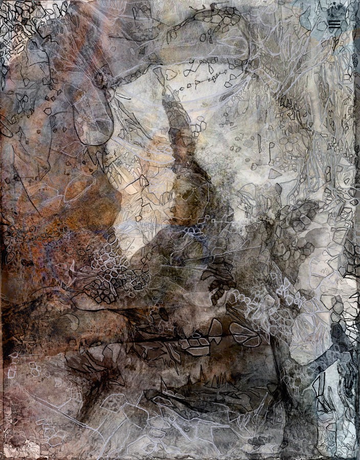 digital drawing on watercolor monoprint "kupfer" (2025) by Andree Thielemann. in cooperation: handmade watercolor monoprint from: Amé Binnarae Kim