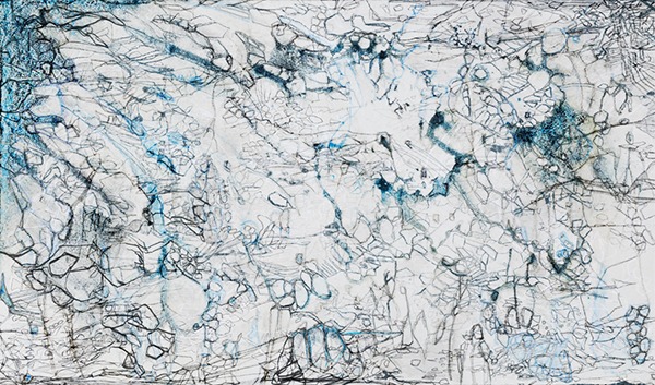 digital drawing on watercolor monoprint "turquoise" (2026) by Andree Thielemann, in cooperation: handmade watercolor monoprint from: Amé Binnarae Kim